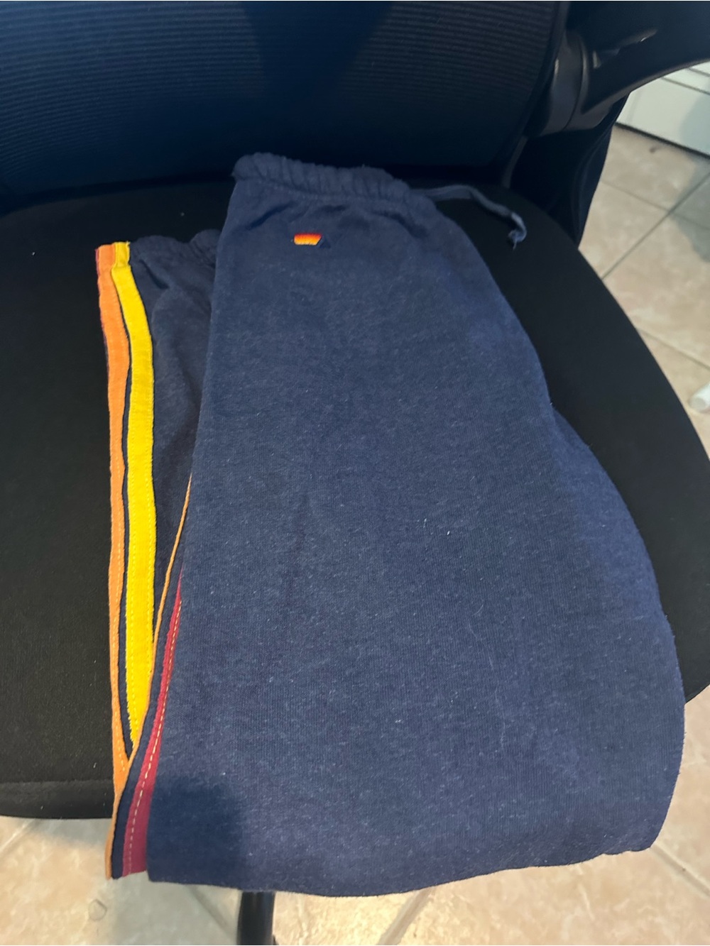 Aviator Nation Navy Joggers with Orange, Yellow & Red Side Stripes